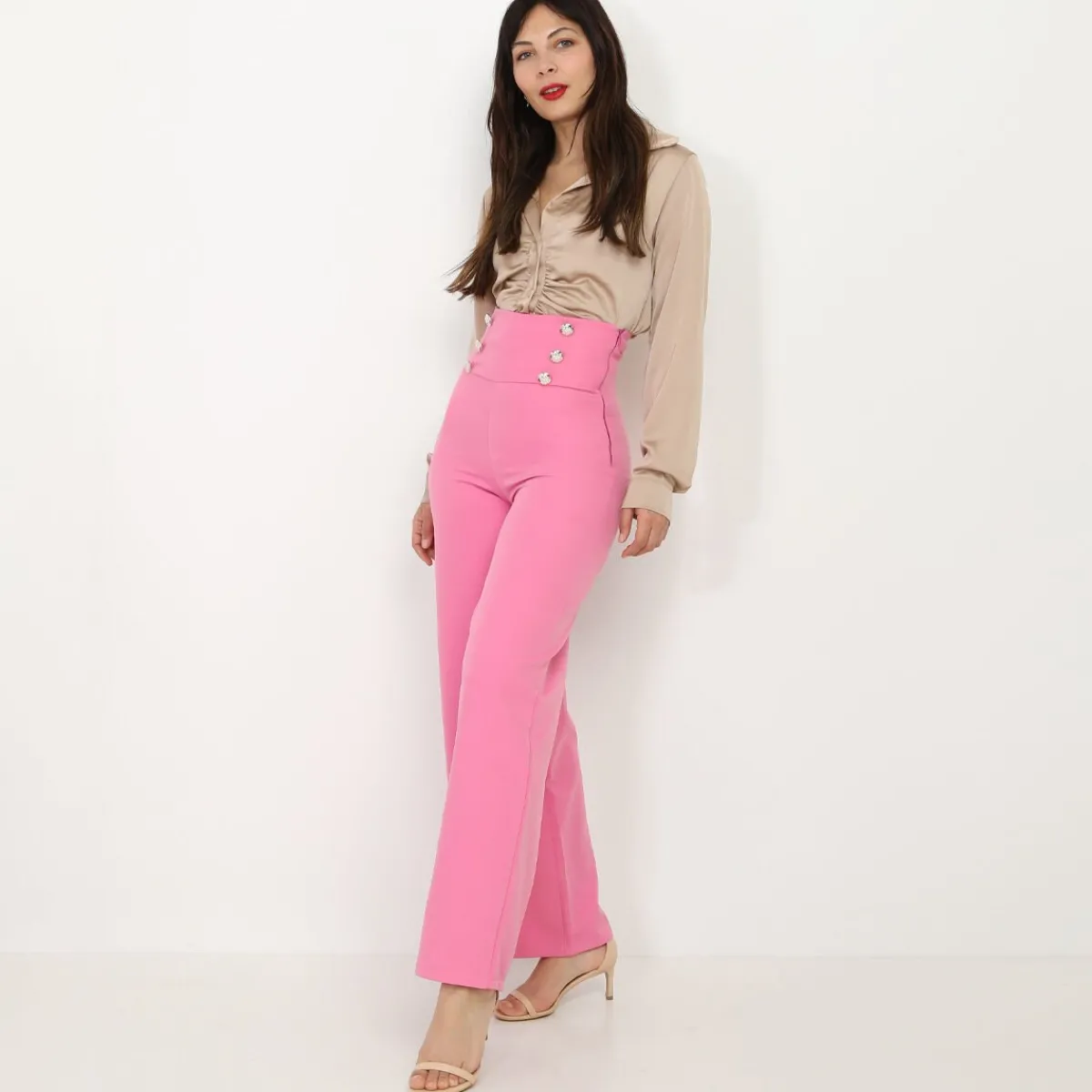 Hot La Modeuse Pantalon palazzo à boutons Fuchsia