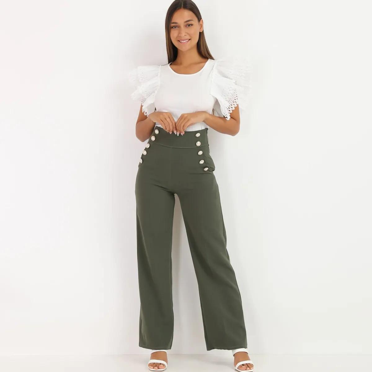 Online La Modeuse Pantalon palazzo style officier Kaki