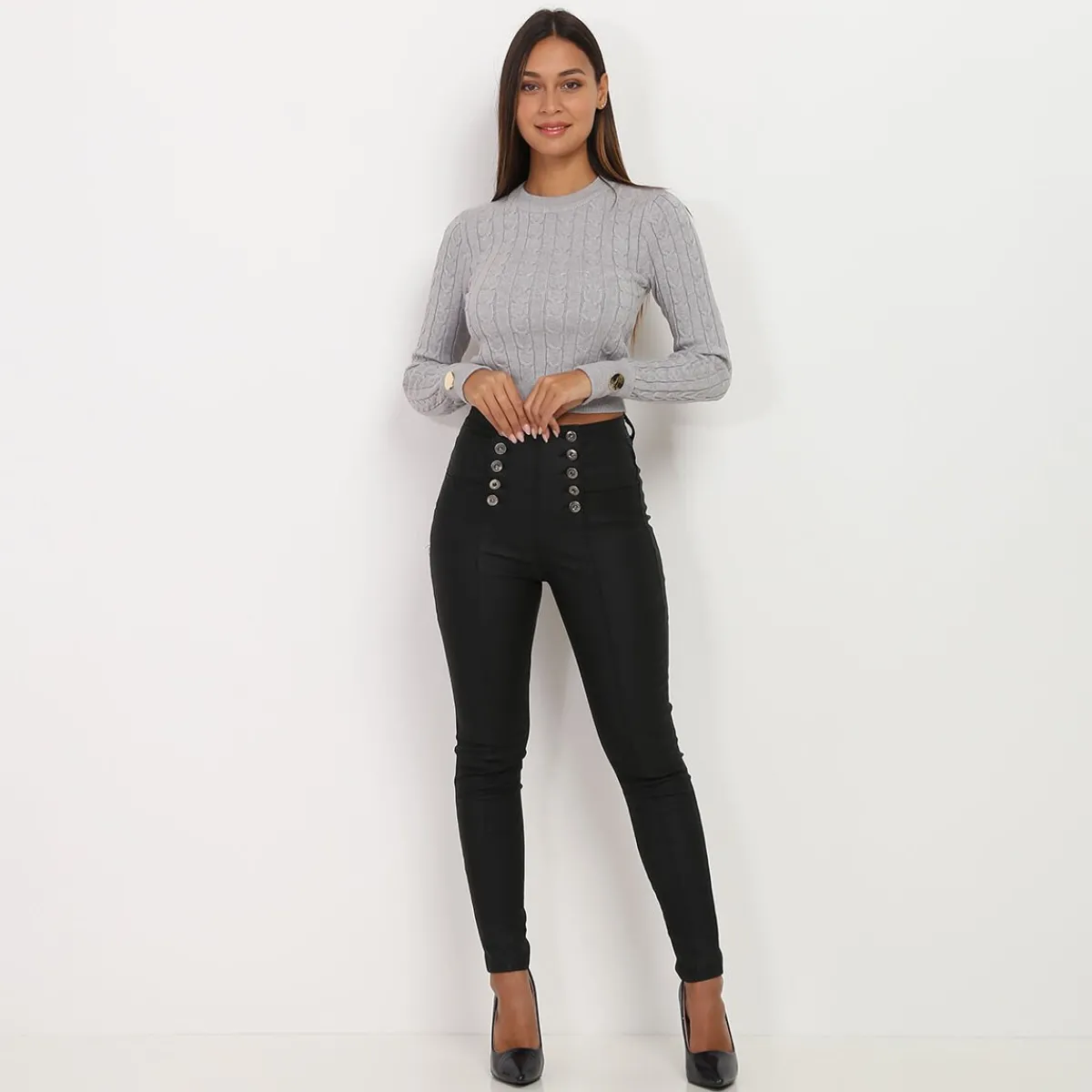 La Modeuse Pantalon skinny en simili à boutons Noir