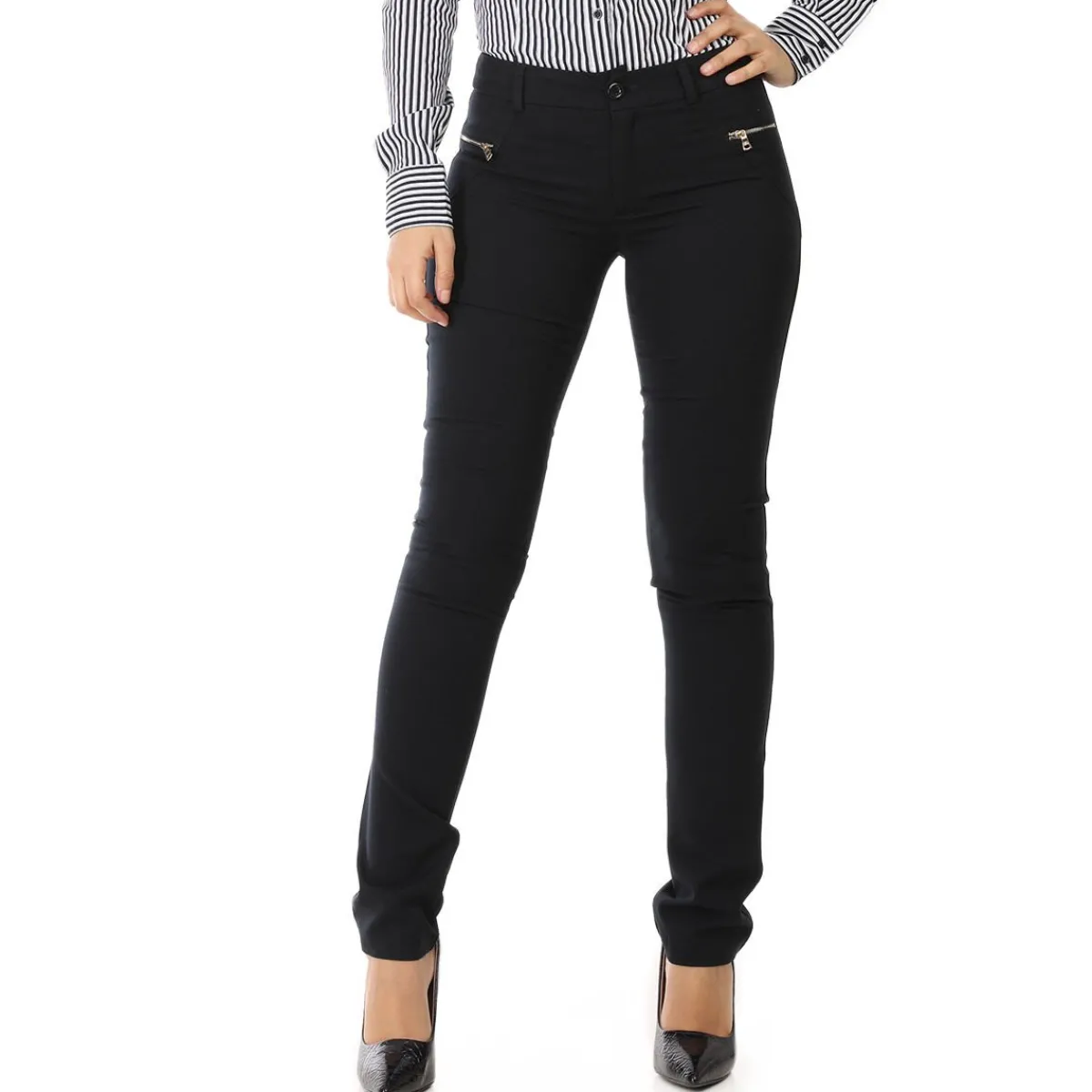 New La Modeuse Pantalon slim en toile avec zips Noir