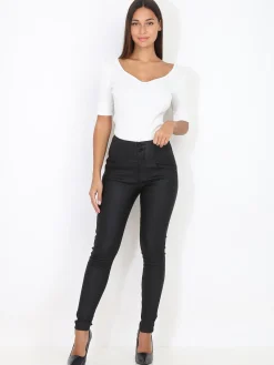 Discount La Modeuse Pantalon slim enduit à zip et boutons Noir