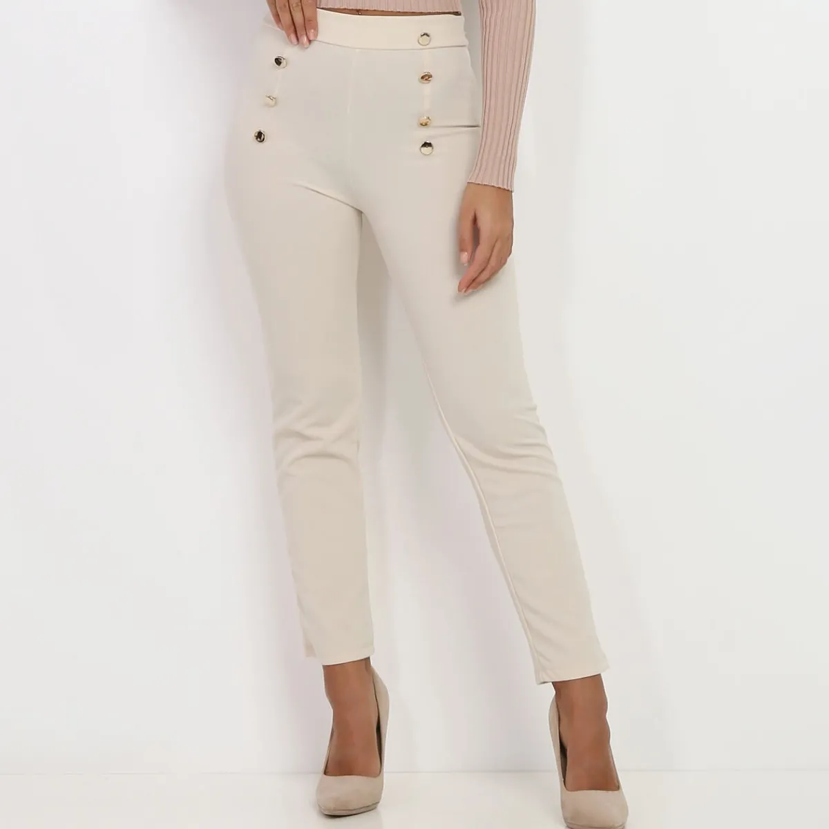 Hot La Modeuse Pantalon taille haute à boutons Beige