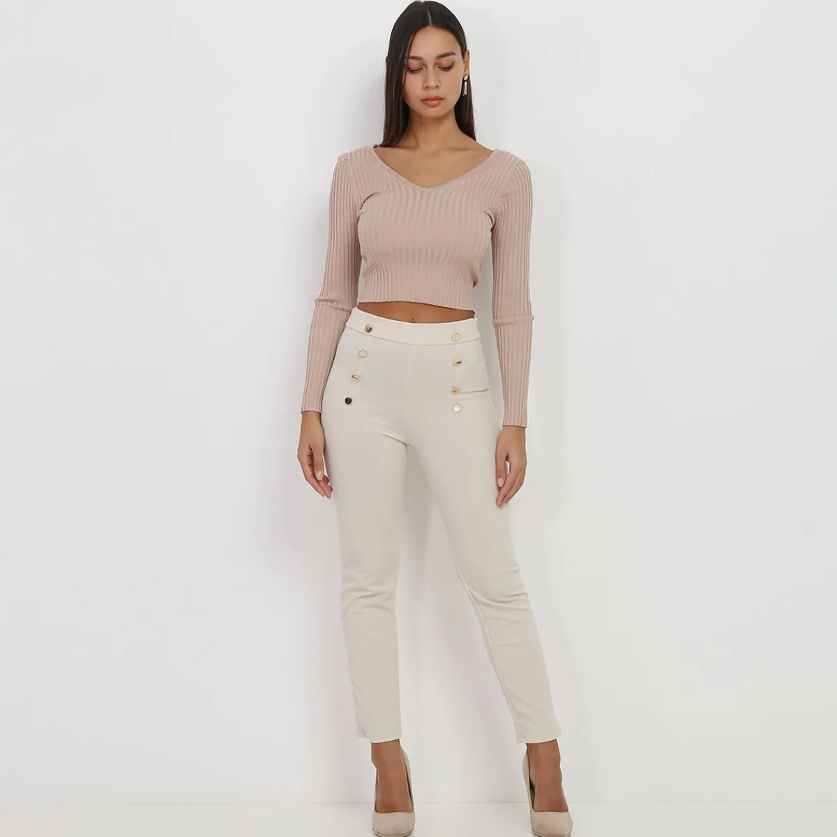 Hot La Modeuse Pantalon taille haute à boutons Beige
