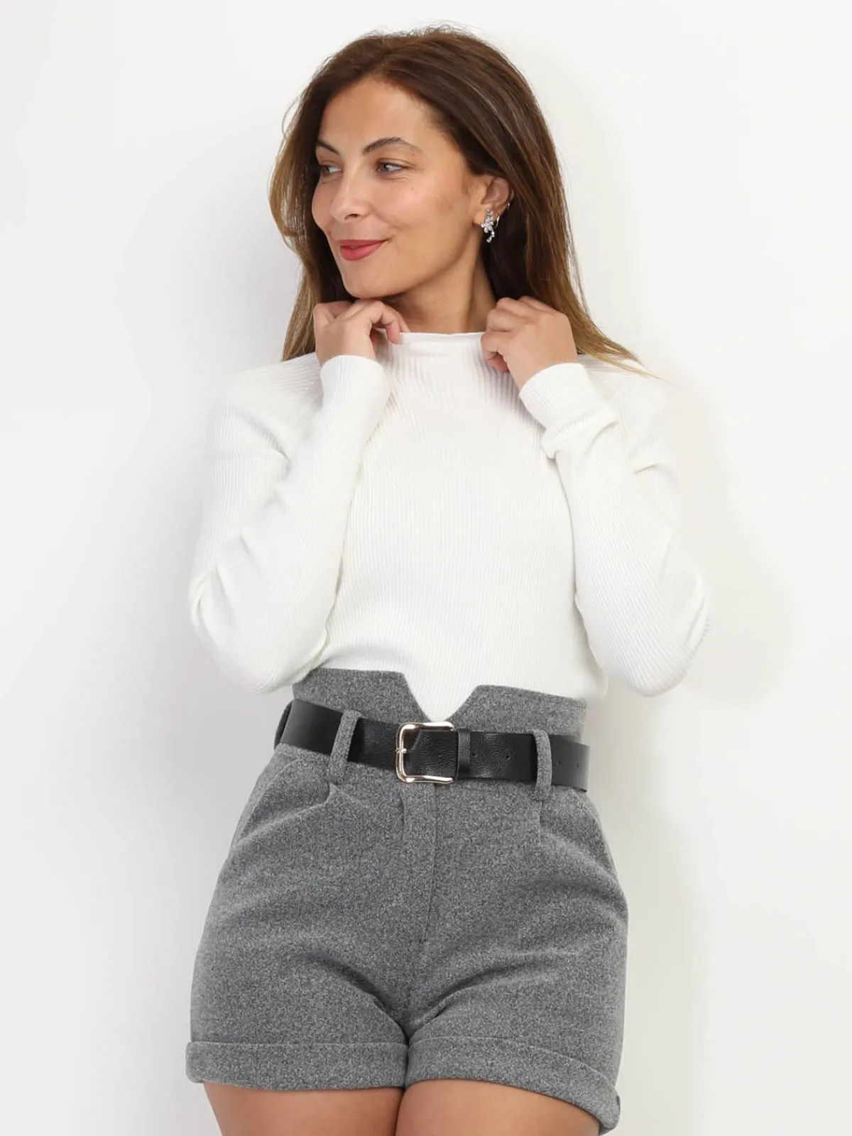 Sale La Modeuse Pull côtelé à col montant Blanc