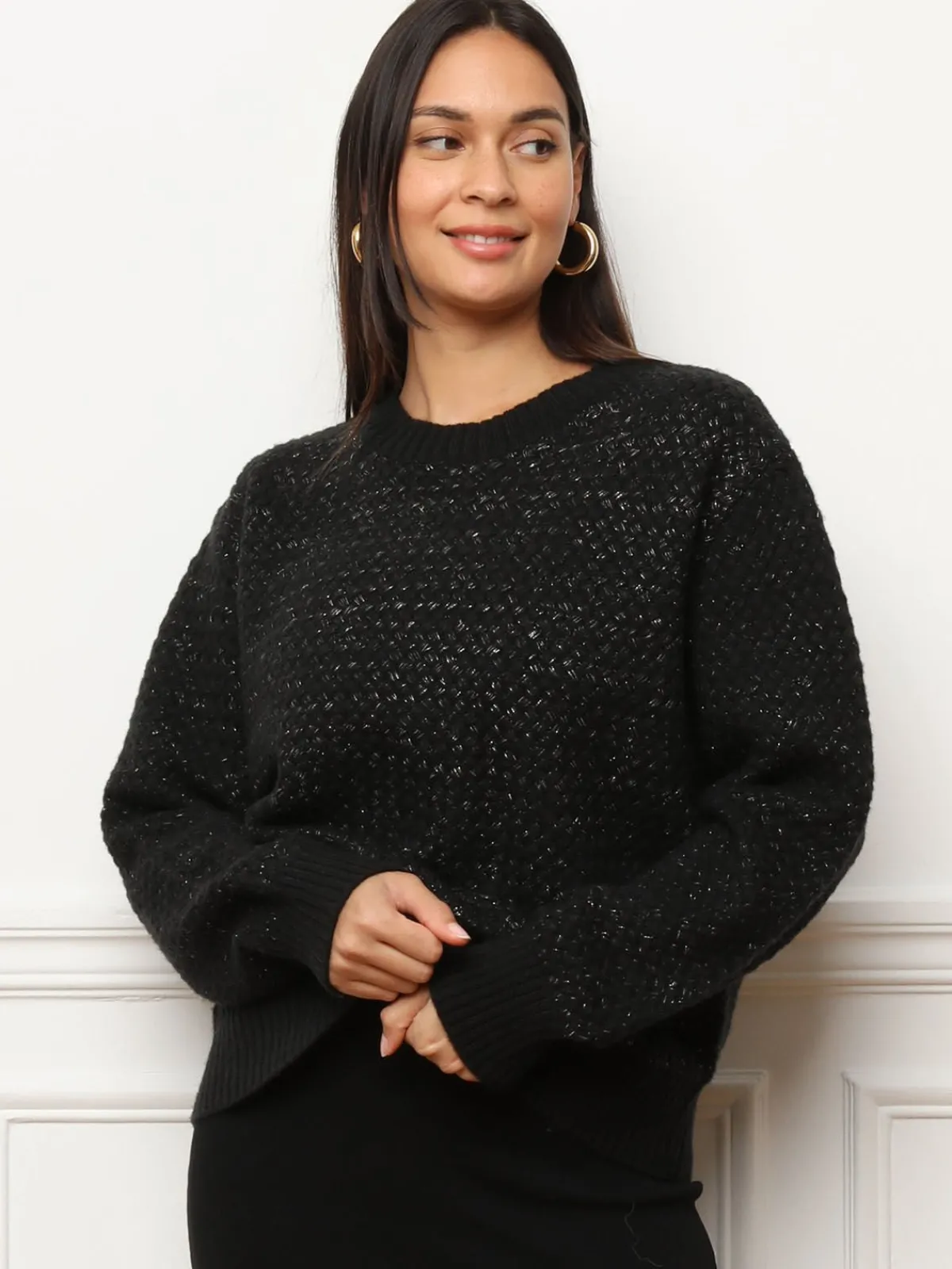 Best La Modeuse Pull en crochet tressé avec fils dorés Noir