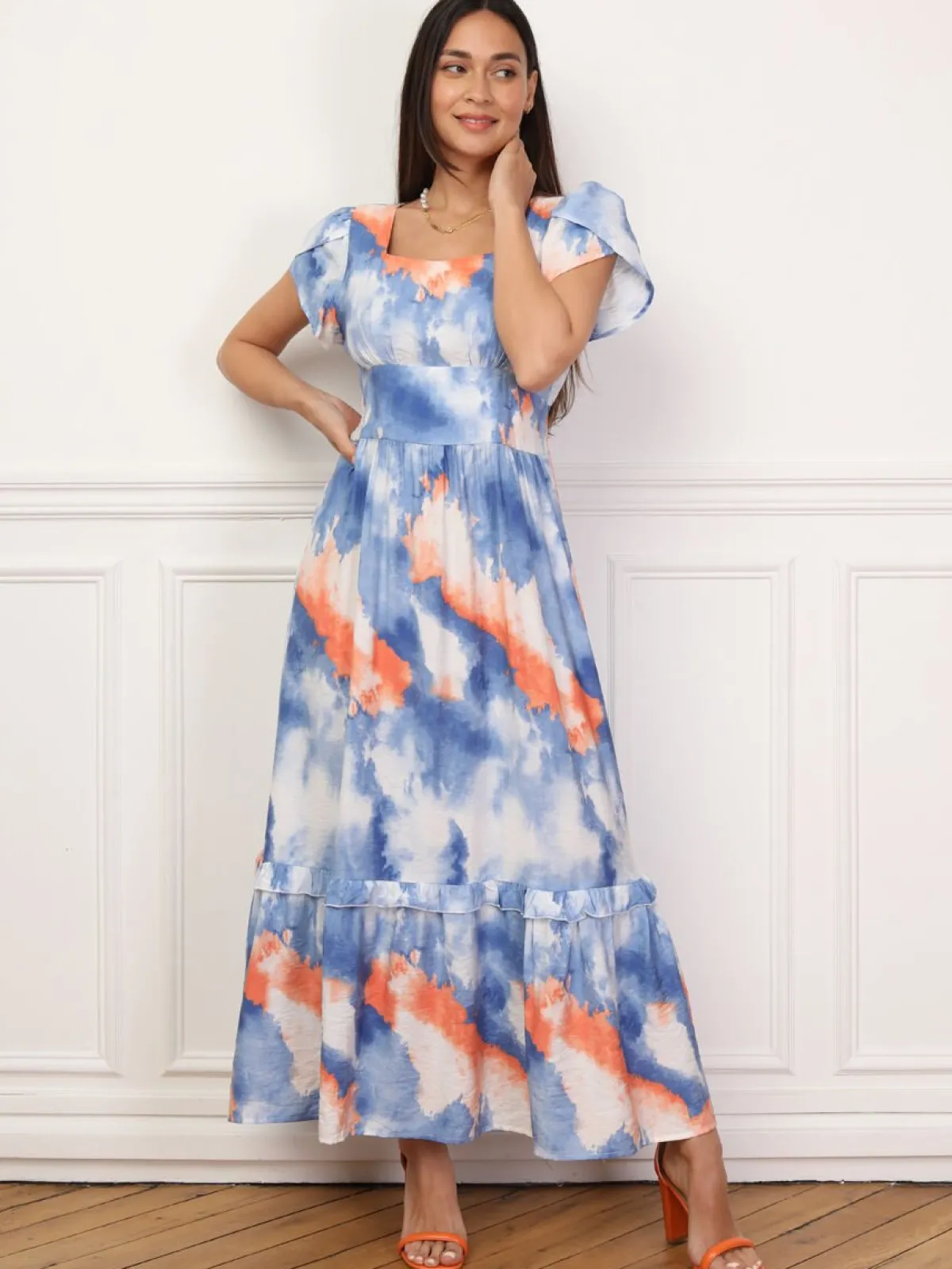 Clearance La Modeuse Robe à imprimé aquarelles et volants Bleu