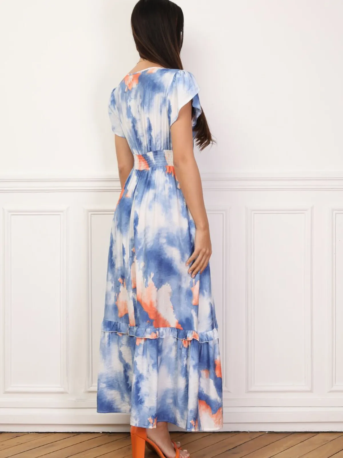 Clearance La Modeuse Robe à imprimé aquarelles et volants Bleu