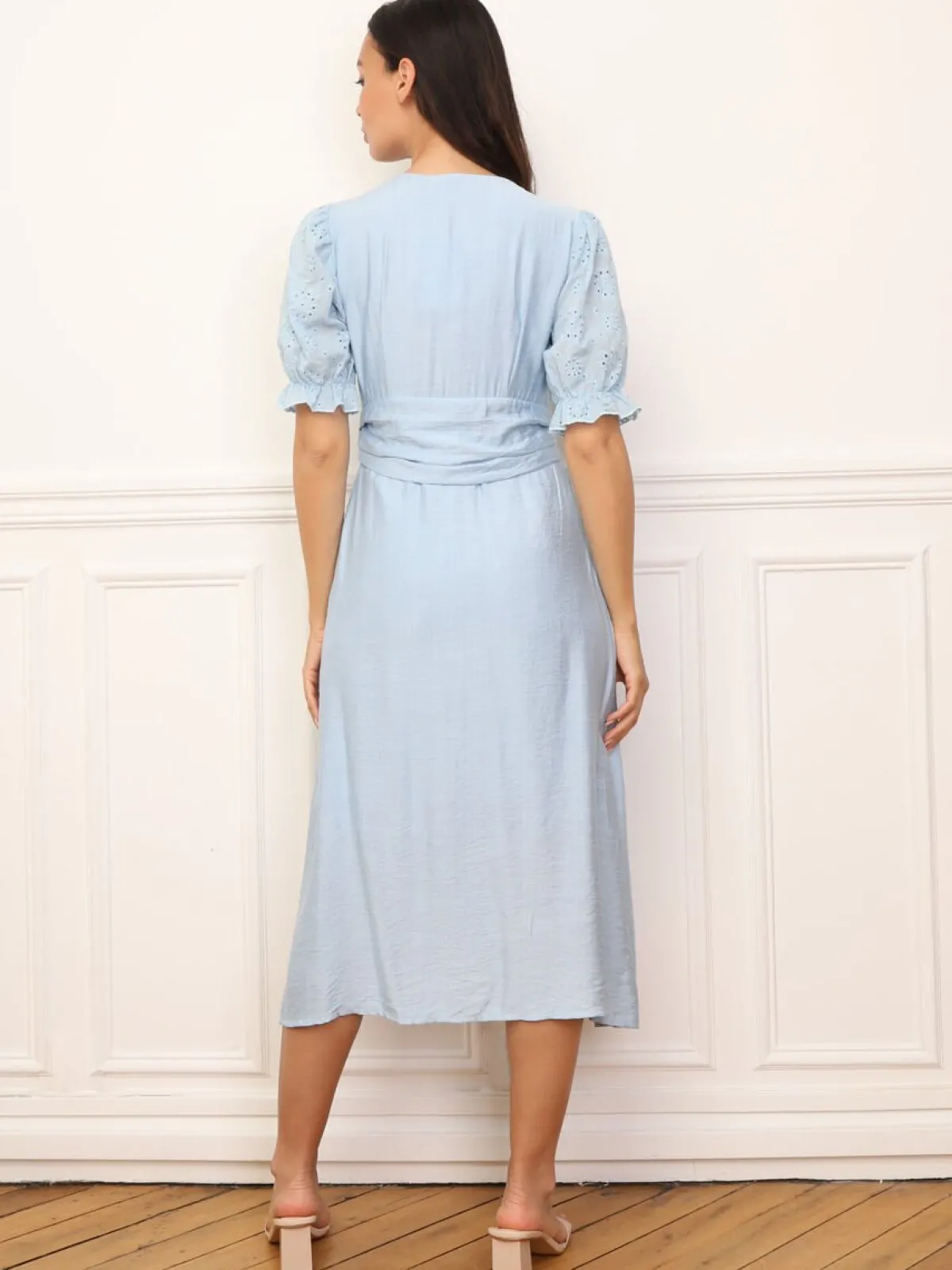 Hot La Modeuse Robe à manches ballons et boutons BleuClair
