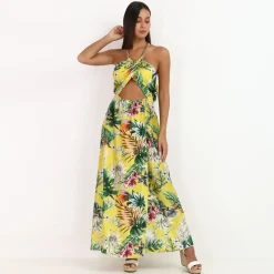 Online La Modeuse Robe ajourée à chaîne et imprimé tropical Jaune