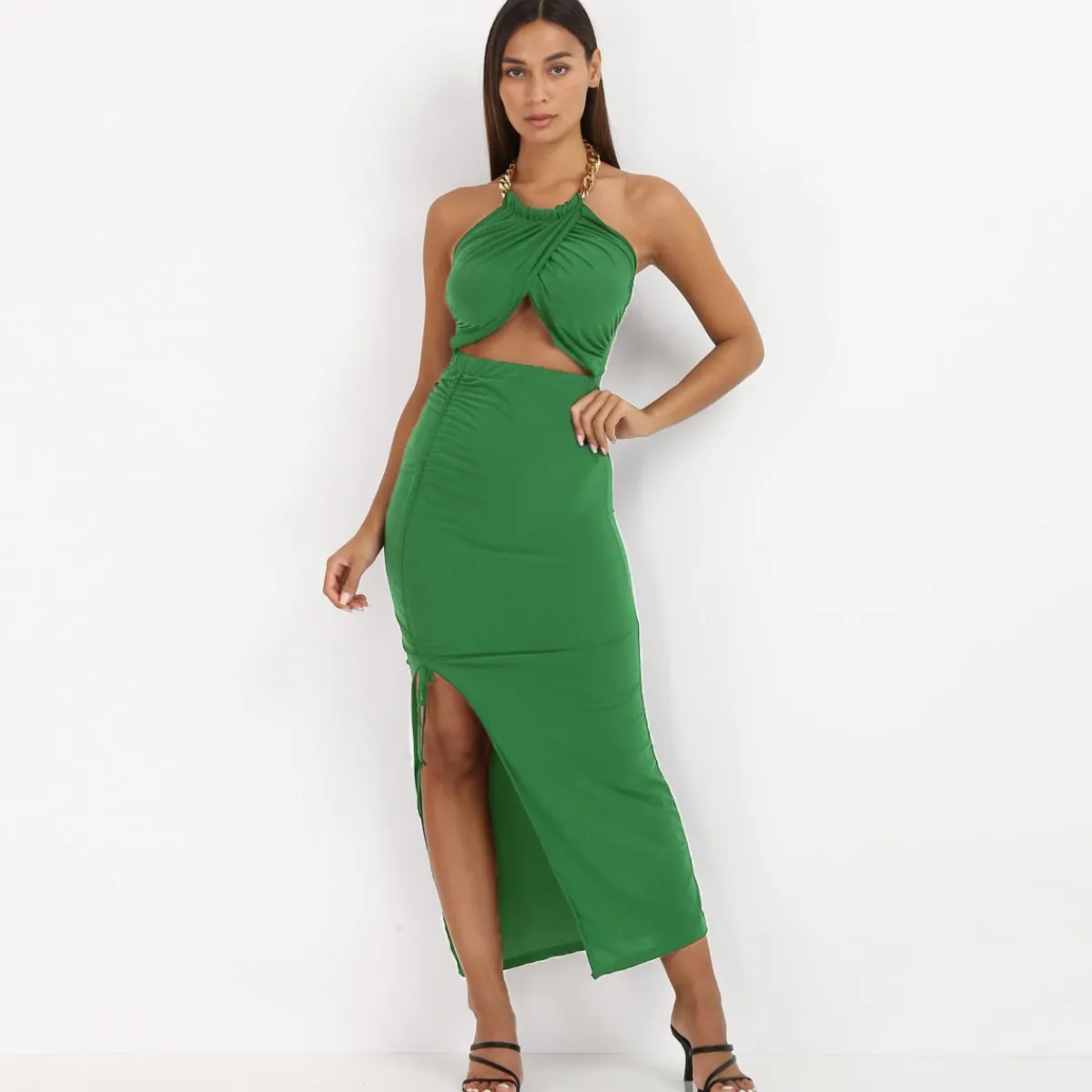Sale La Modeuse Robe ajourée à fente et chaîne Vert