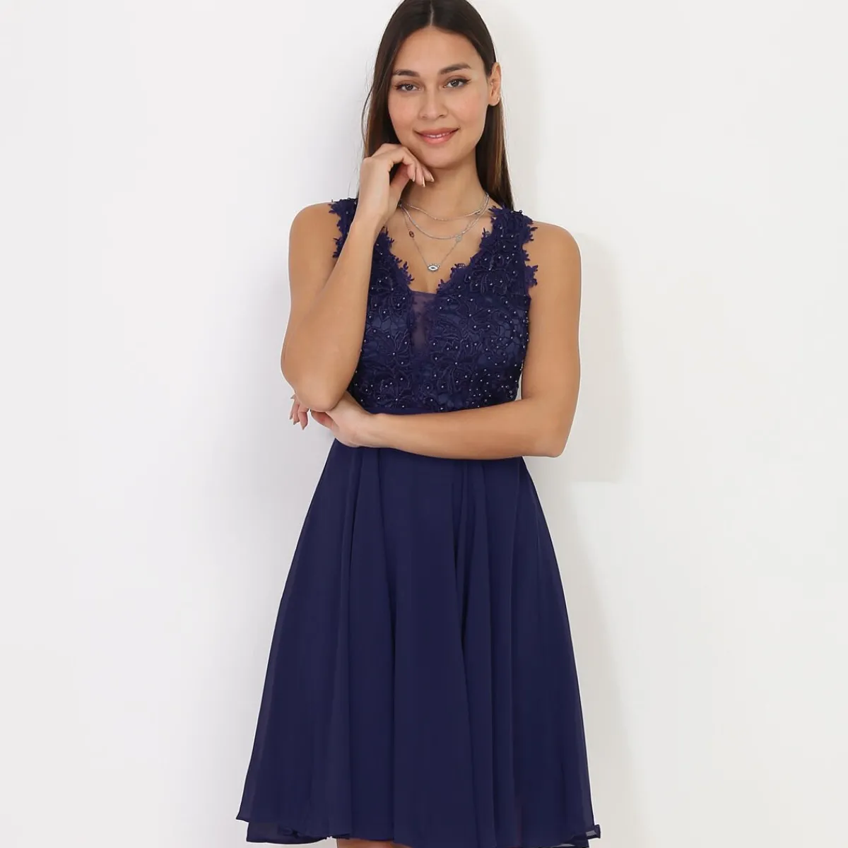 Online La Modeuse Robe brodée à perles grandes tailles BleuMarine