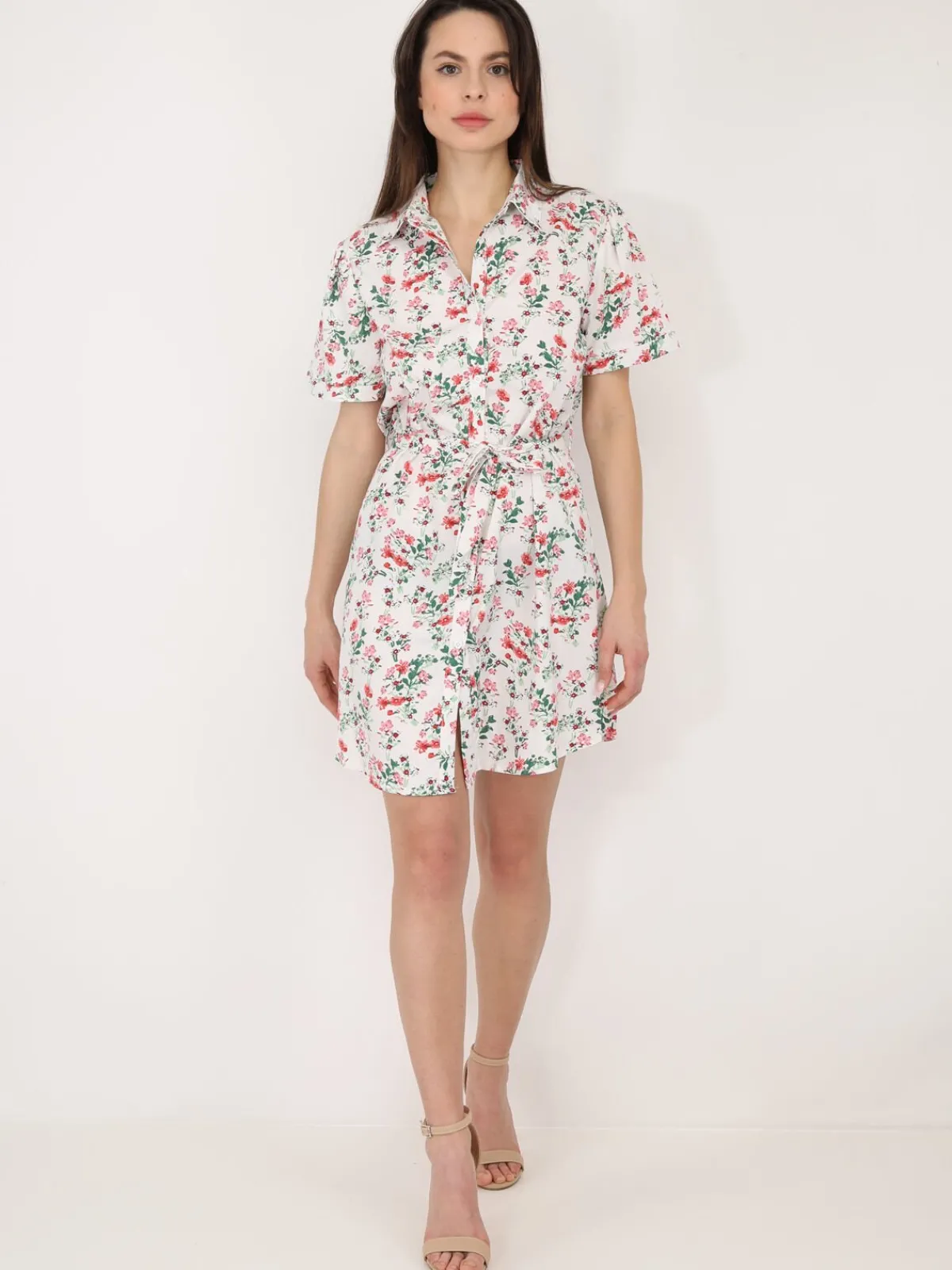 Outlet La Modeuse Robe chemise à fleurs ceinturée Blanc