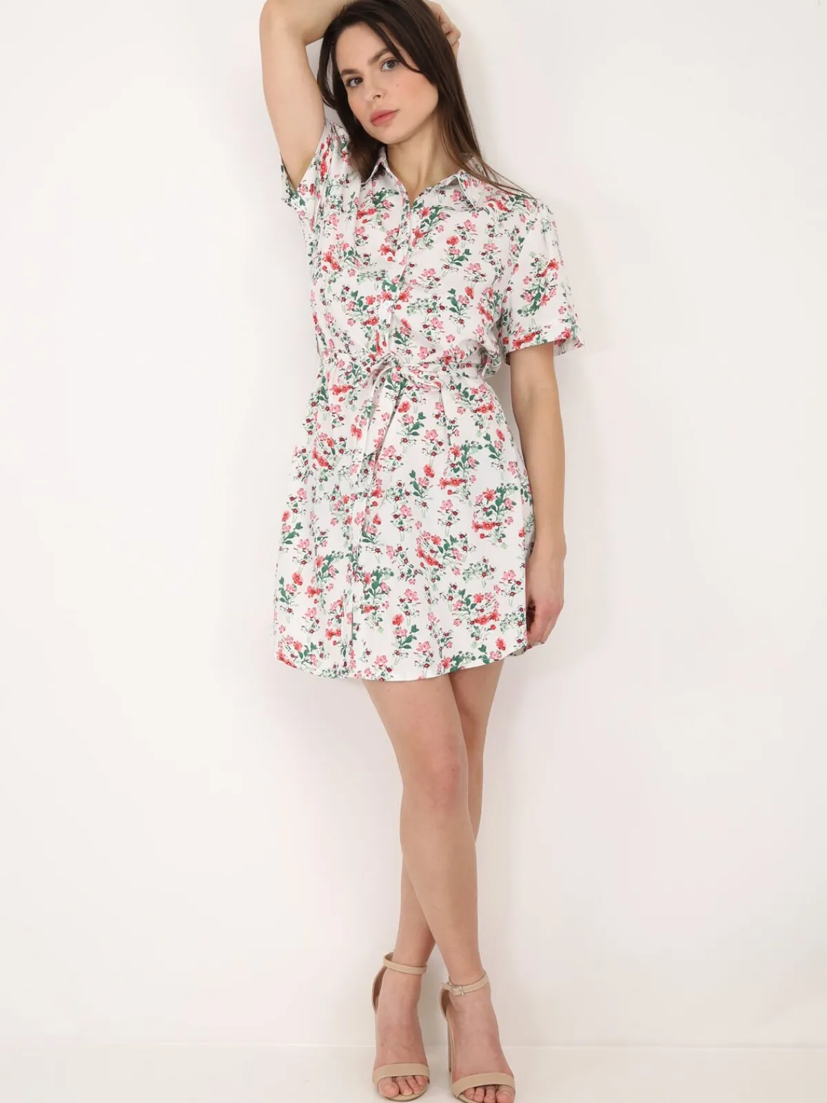 Outlet La Modeuse Robe chemise à fleurs ceinturée Blanc