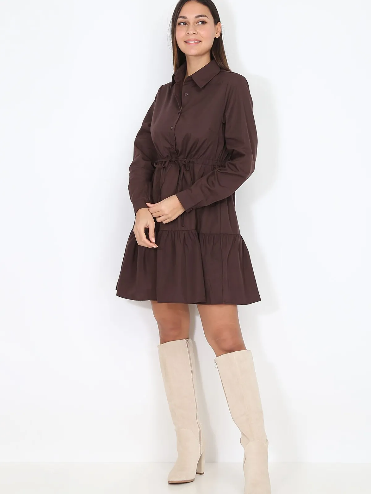 Discount La Modeuse Robe chemise à volants Marron