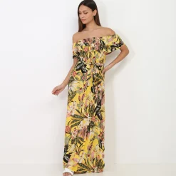 Sale La Modeuse Robe col bardot à motif fleurs tropicales Jaune