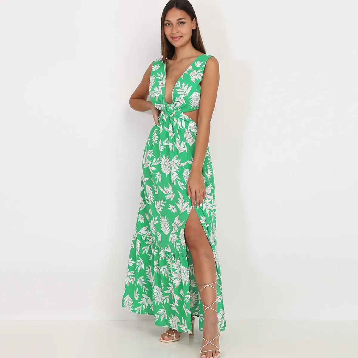 Discount La Modeuse Robe cut out à imprimé feuilles Vert