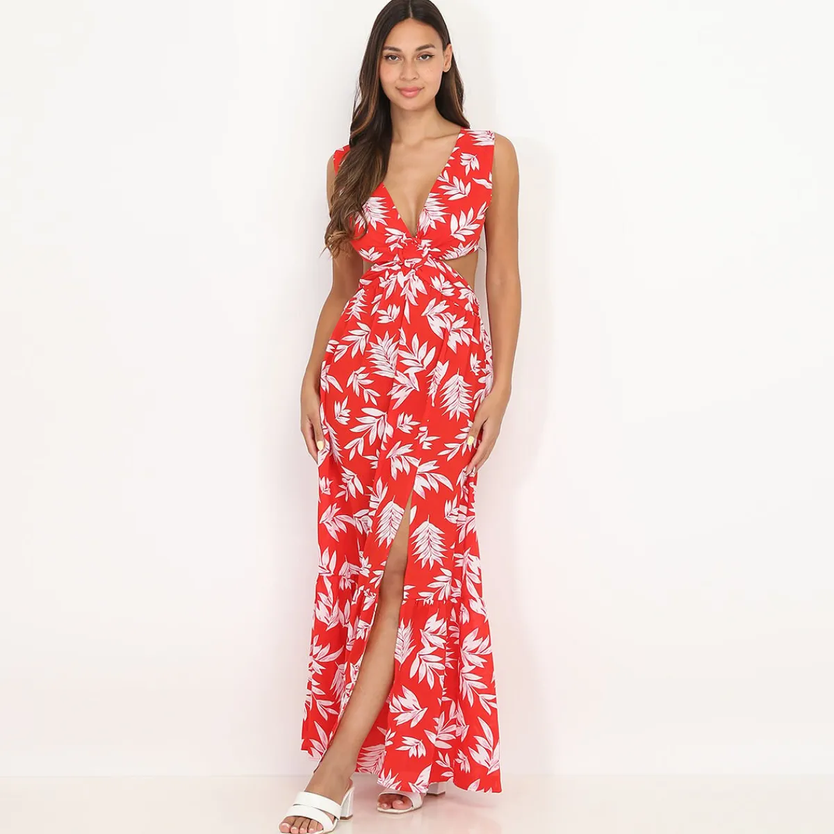 Online La Modeuse Robe cut out à imprimé feuilles Rouge