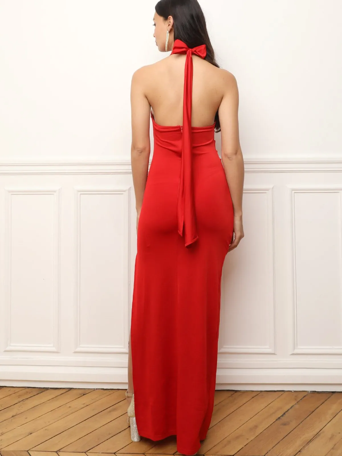 La Modeuse Robe fendue à dos nu et fleurs 3D Rouge