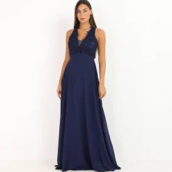 Discount La Modeuse Robe longue à broderies fleuries BleuMarine