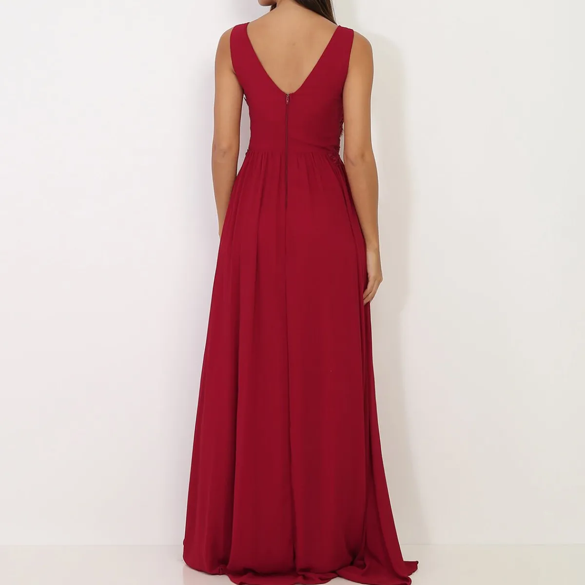 Online La Modeuse Robe longue à buste drapé et dentelle Rougefoncé
