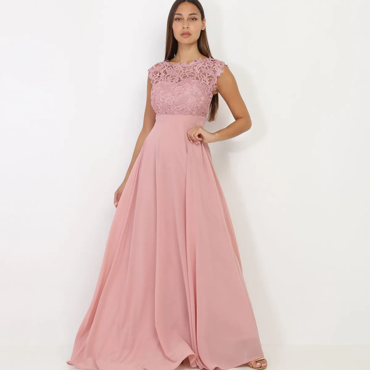 Outlet La Modeuse Robe longue à dentelle VieuxRose