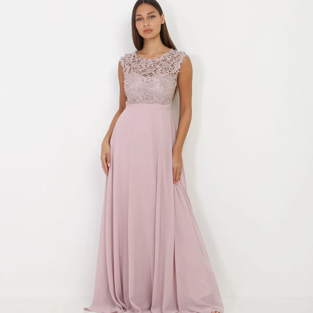 New La Modeuse Robe longue à dentelle Taupe