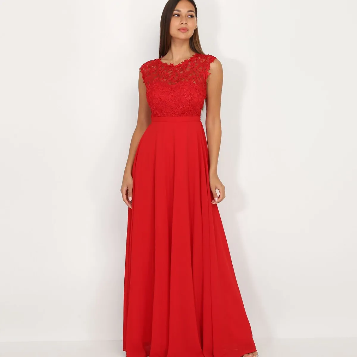 Online La Modeuse Robe longue à dentelle Rouge