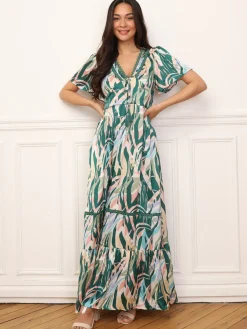 Discount La Modeuse Robe longue à motif tropical et pompons Bleu