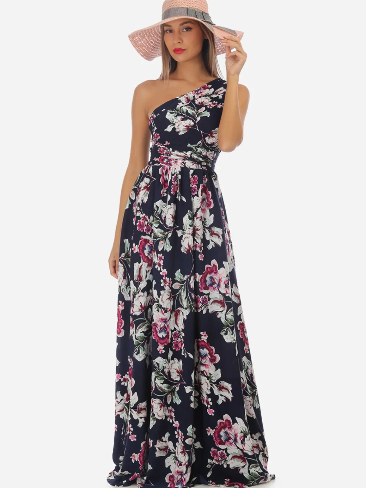 New La Modeuse Robe longue asymétrique fleurie BleuMarine