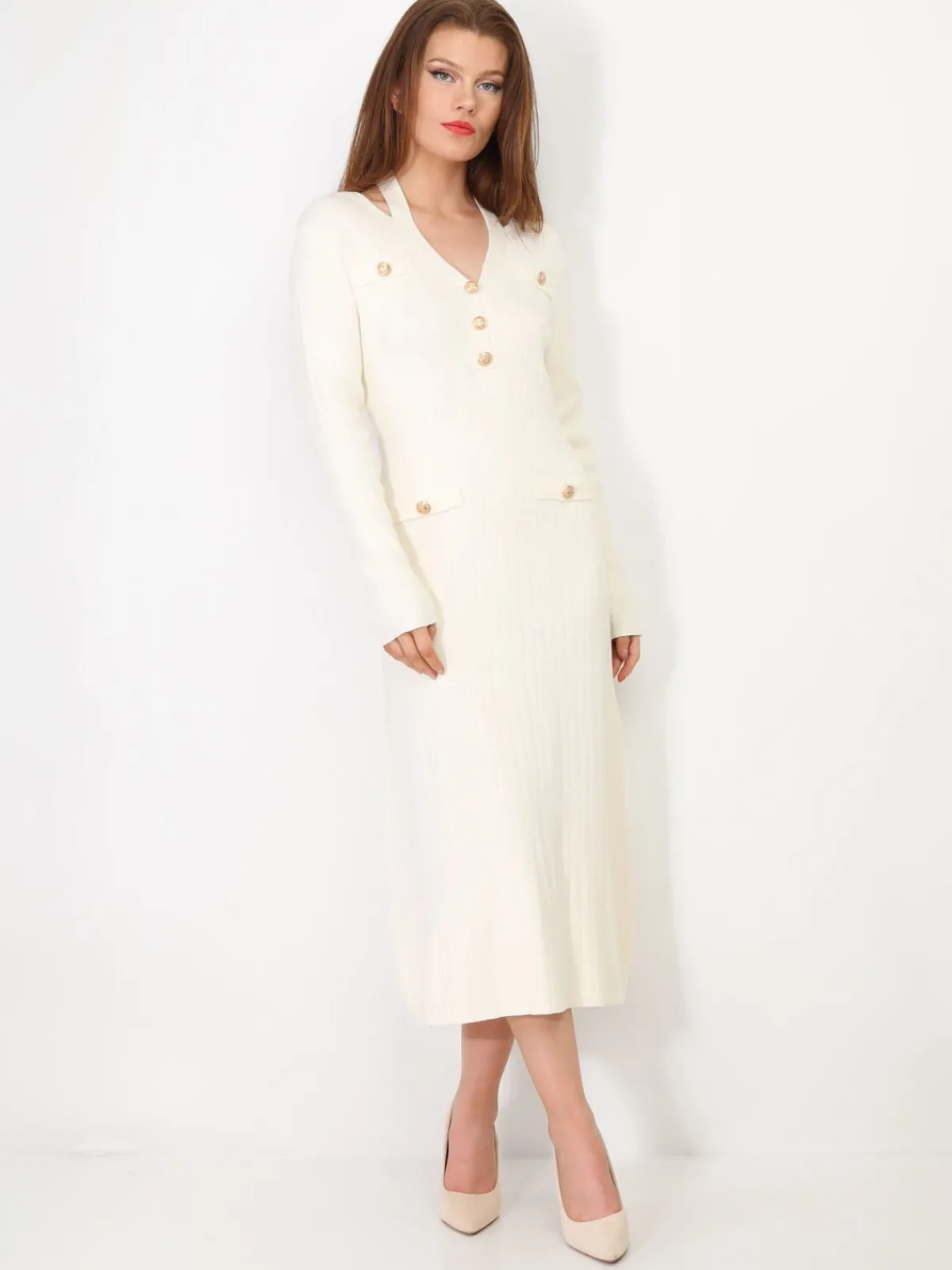 Sale La Modeuse Robe longue cut out à boutons Blanc