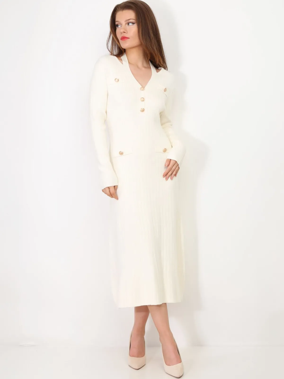 Sale La Modeuse Robe longue cut out à boutons Blanc