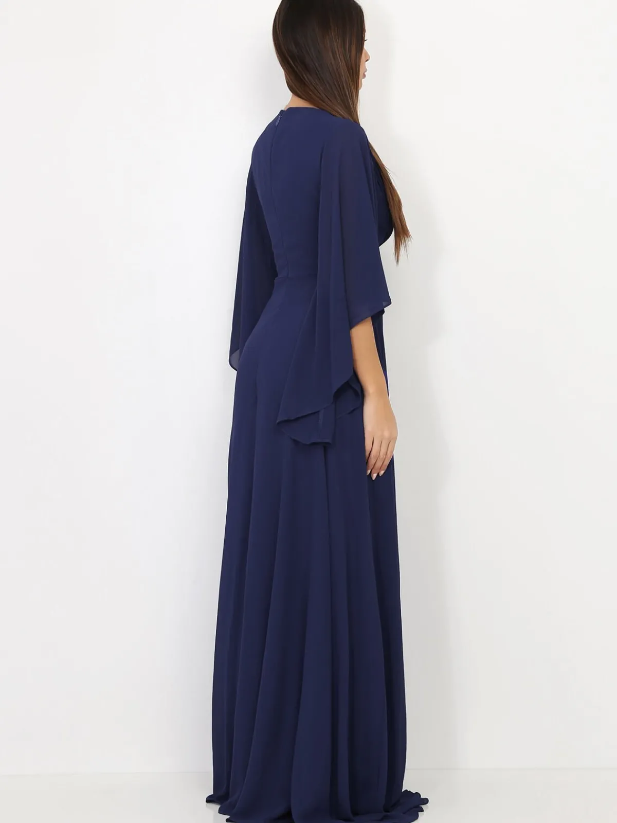 Clearance La Modeuse Robe longue drapée à manches volants BleuMarine