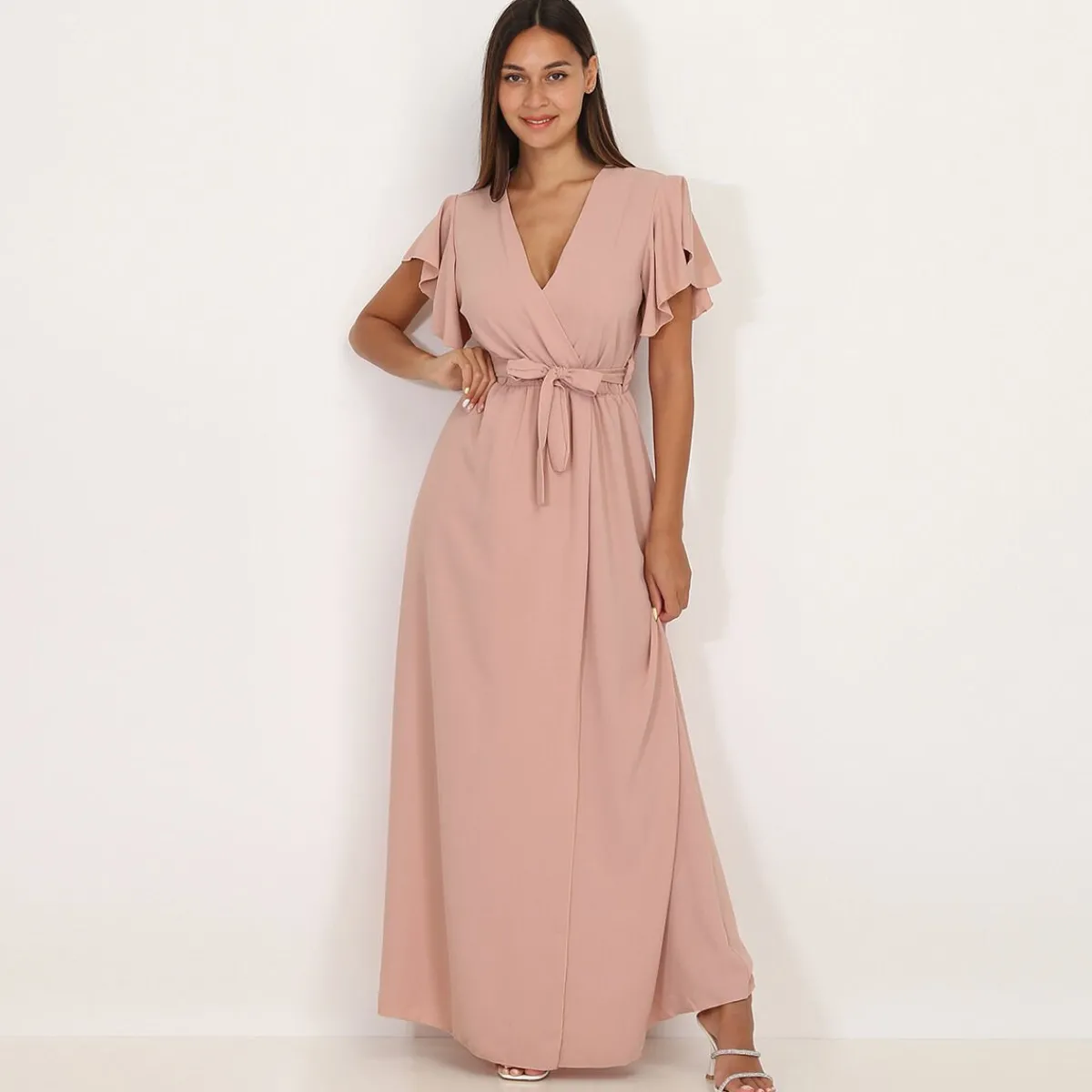 Best La Modeuse Robe longue fendue à col cache coeur VieuxRose