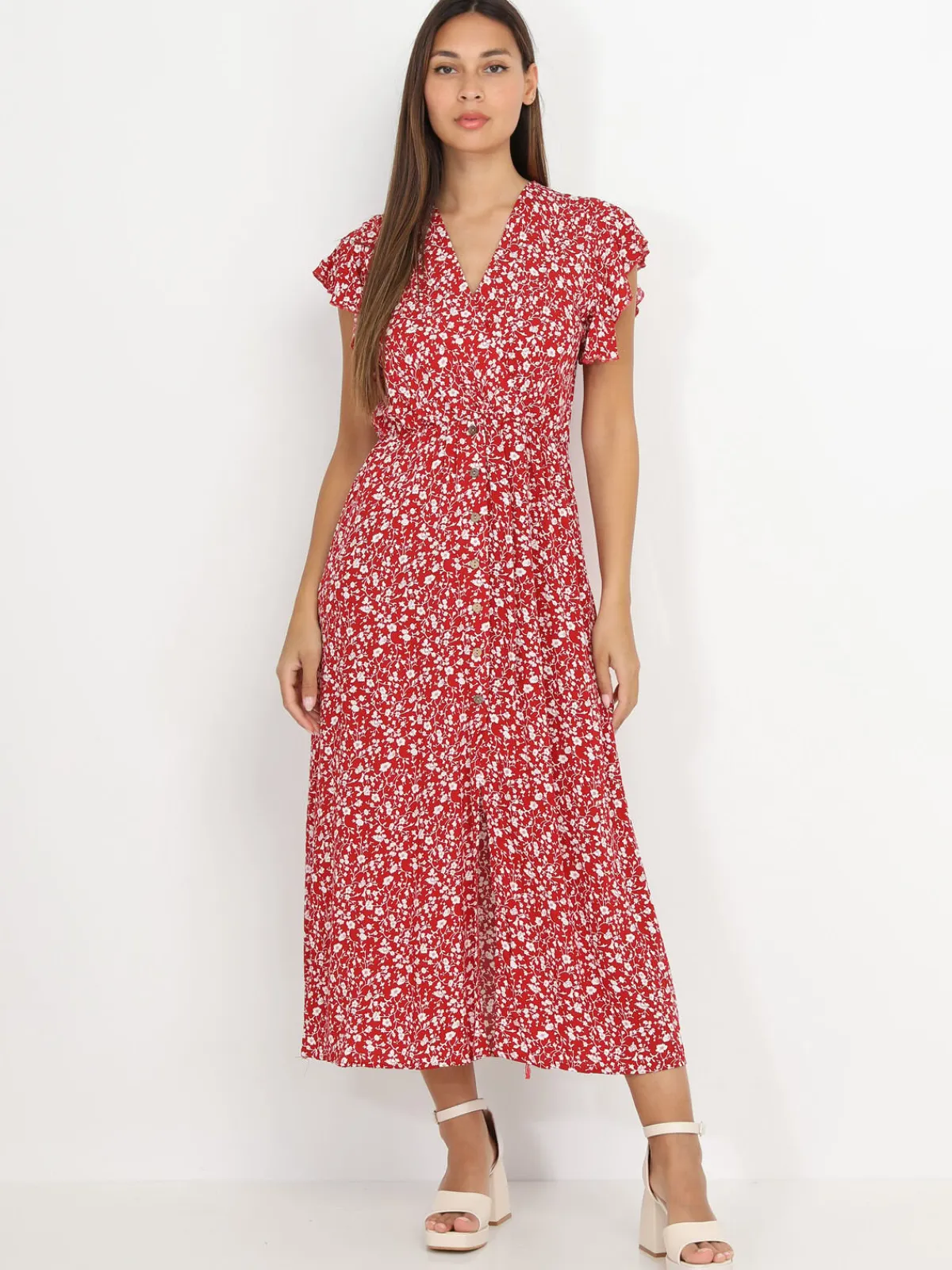 La Modeuse Robe longue fendue à fleurs et volants Rouge