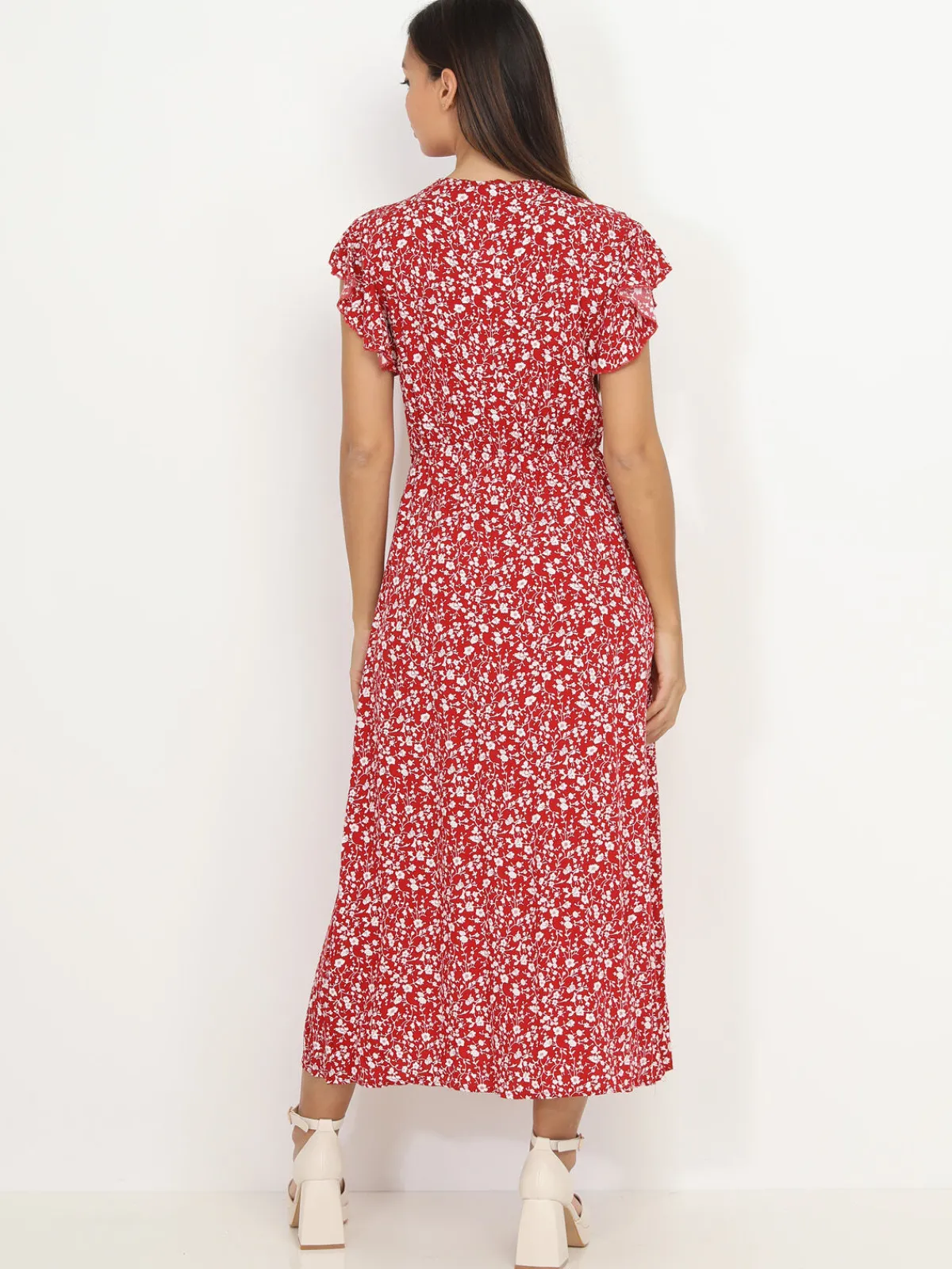La Modeuse Robe longue fendue à fleurs et volants Rouge