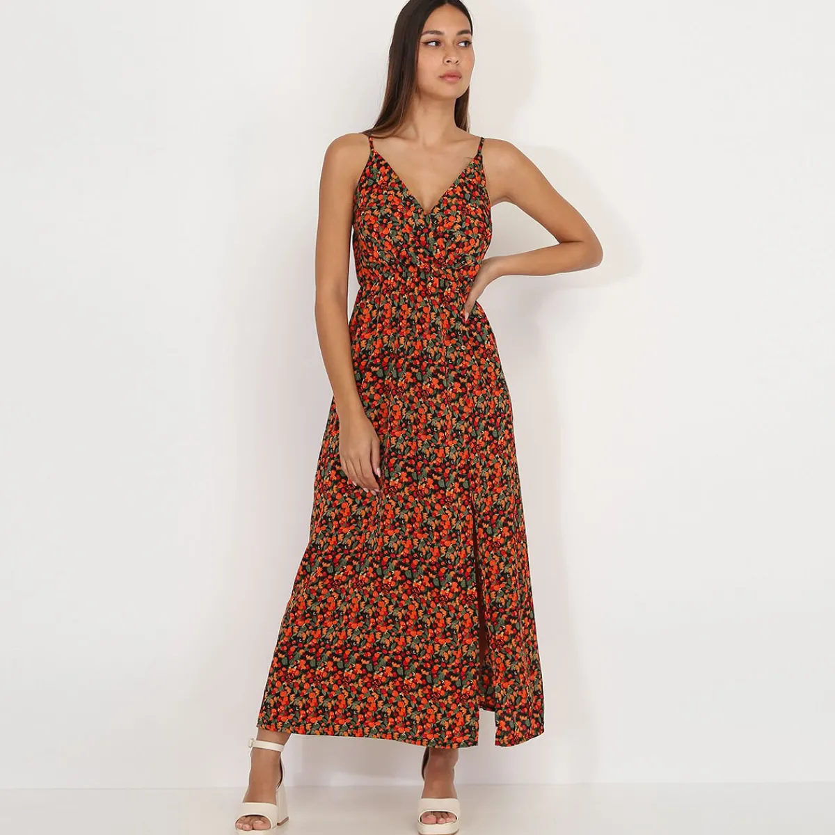 Best La Modeuse Robe longue fendue à motif fruits Noir