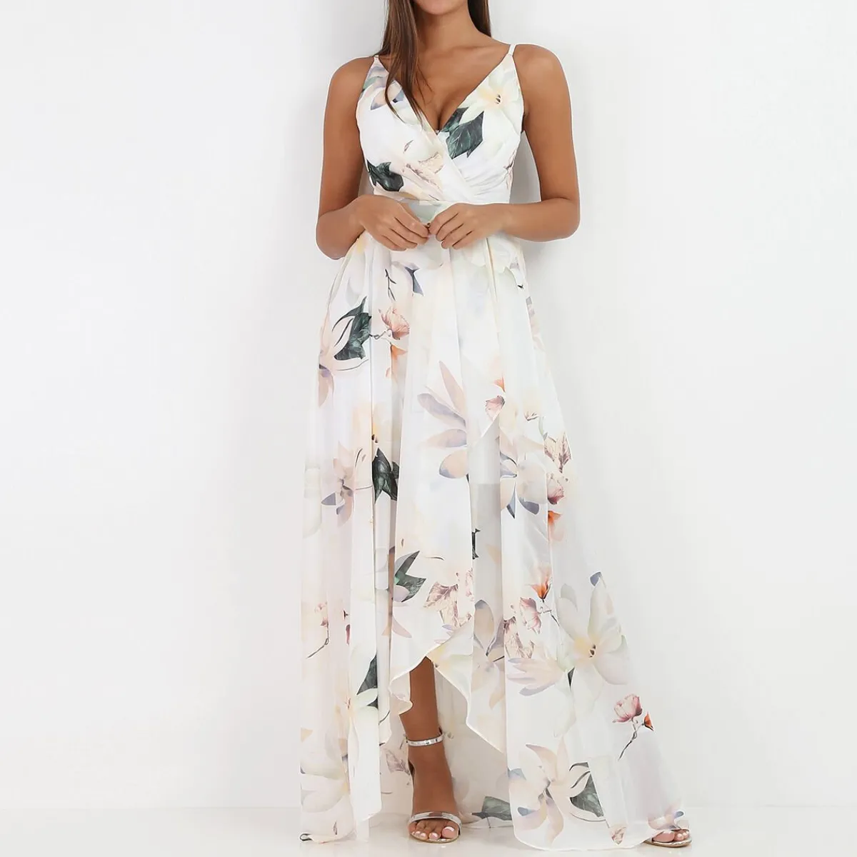 Best La Modeuse Robe longue fendue asymétrique à fleurs Blanc