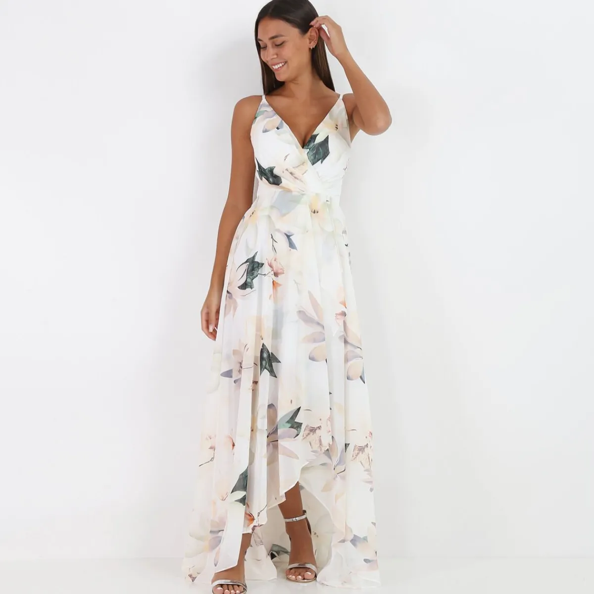 Best La Modeuse Robe longue fendue asymétrique à fleurs Blanc