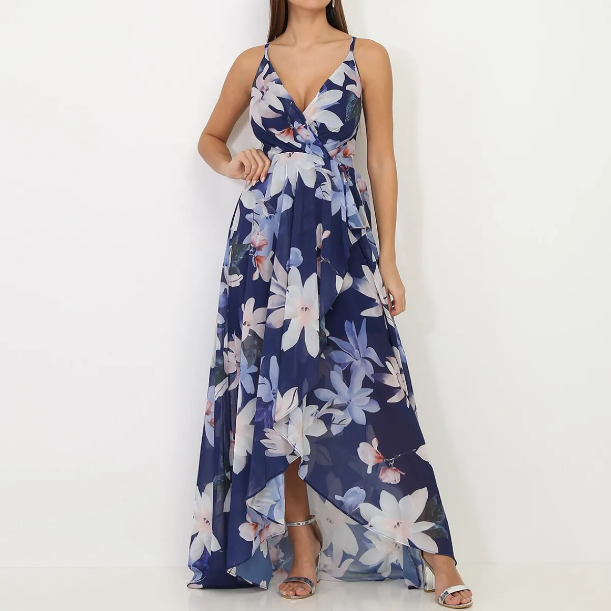 New La Modeuse Robe longue fendue asymétrique à fleurs BleuMarine