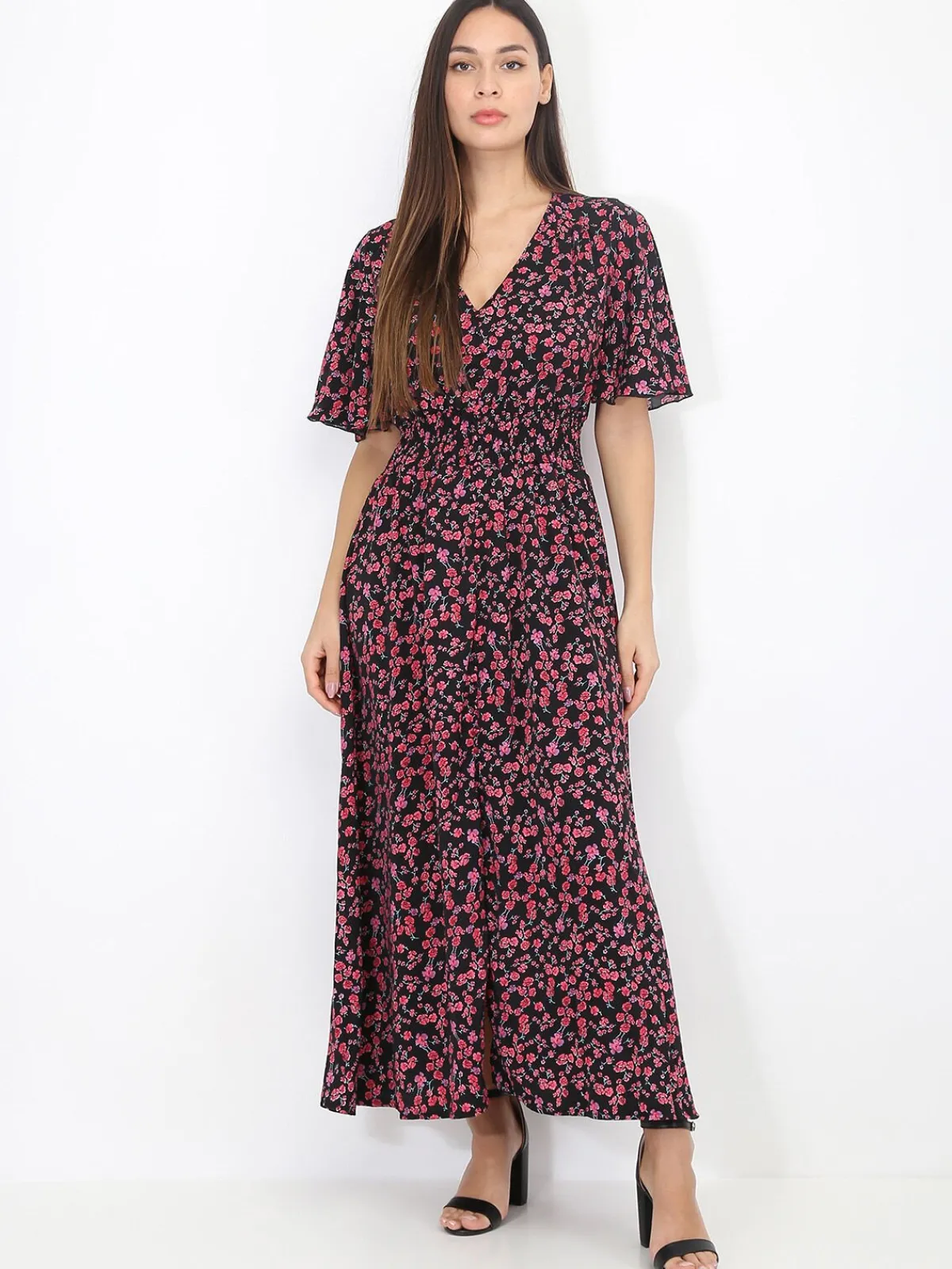 Best La Modeuse Robe longue fendue fleurie et smockée Noiretrose