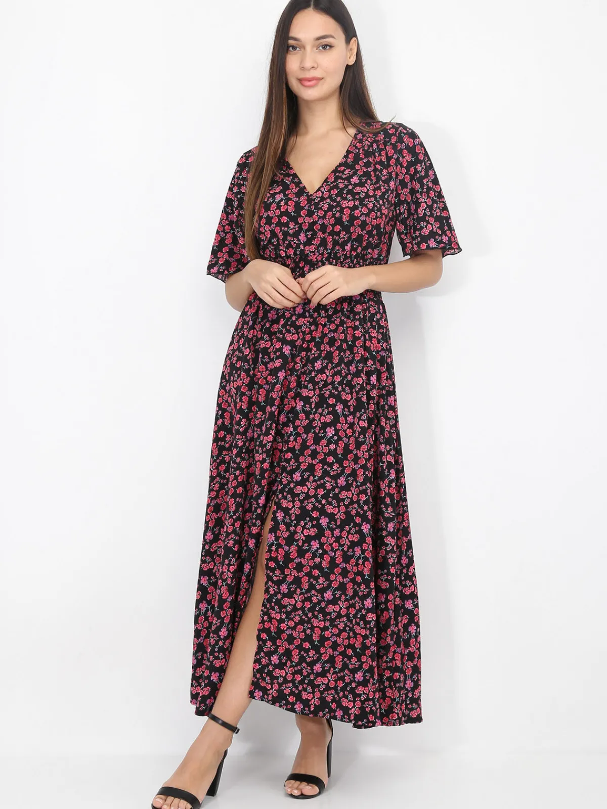 Best La Modeuse Robe longue fendue fleurie et smockée Noiretrose