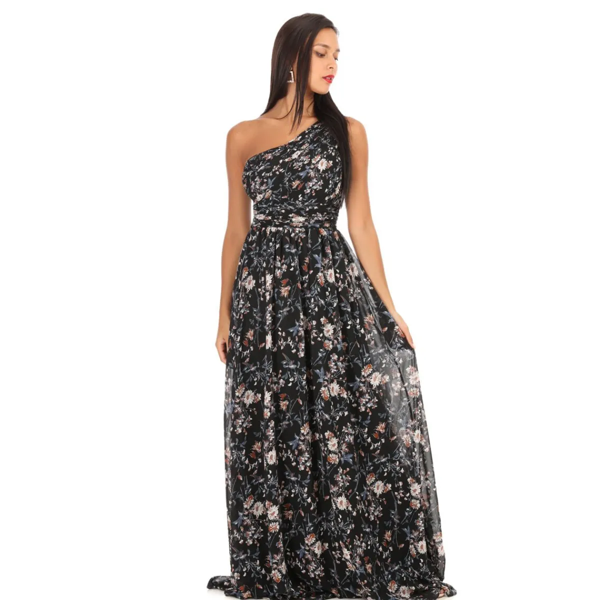 Outlet La Modeuse Robe longue fleurie à épaules asymétriques Noir