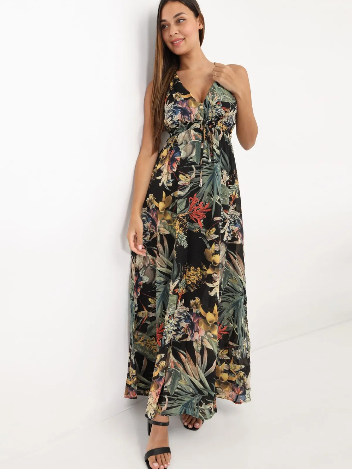 Clearance La Modeuse Robe longue fleurie décolletée Noir
