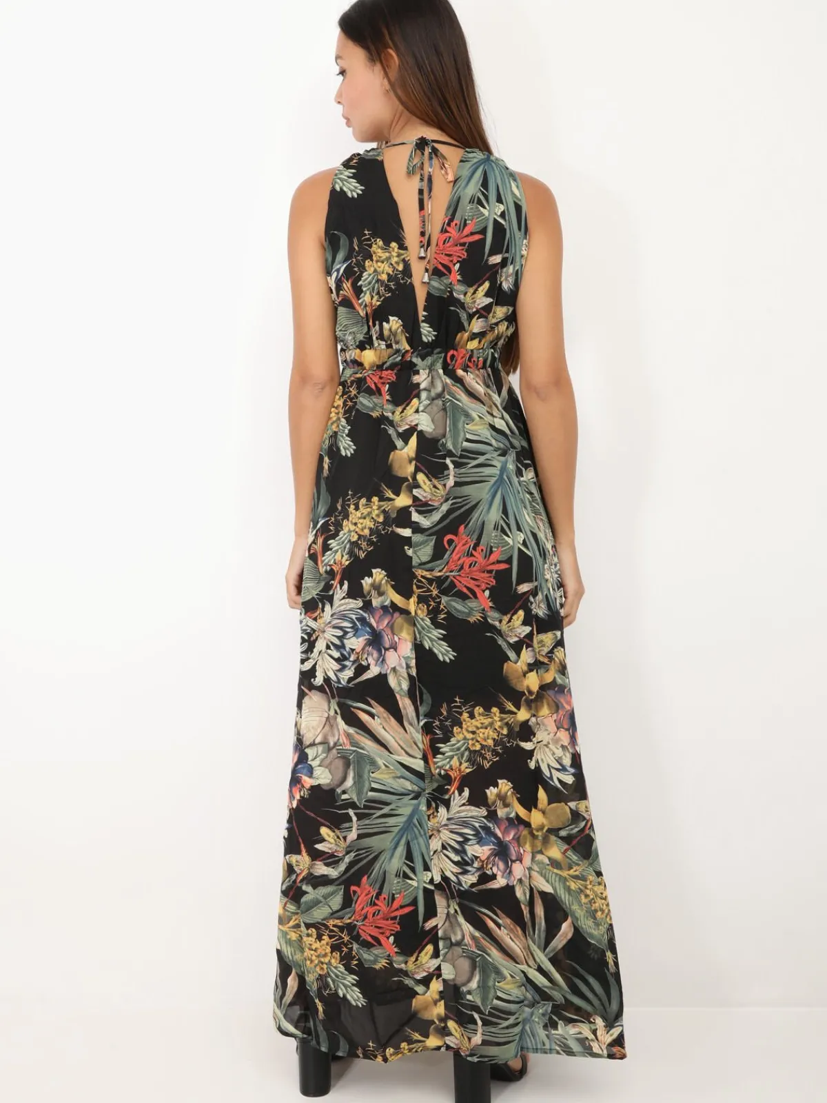 Clearance La Modeuse Robe longue fleurie décolletée Noir