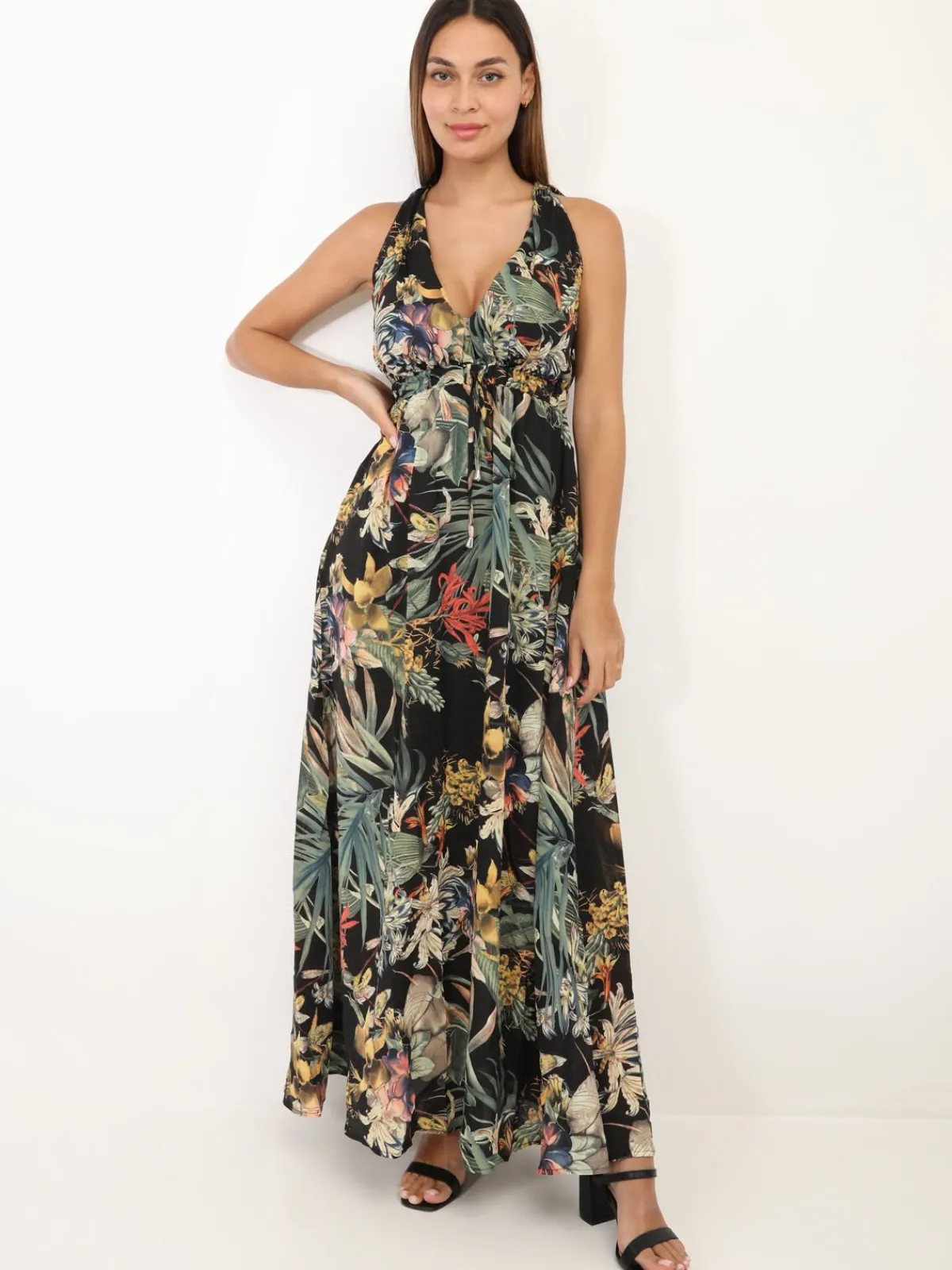 Clearance La Modeuse Robe longue fleurie décolletée Noir
