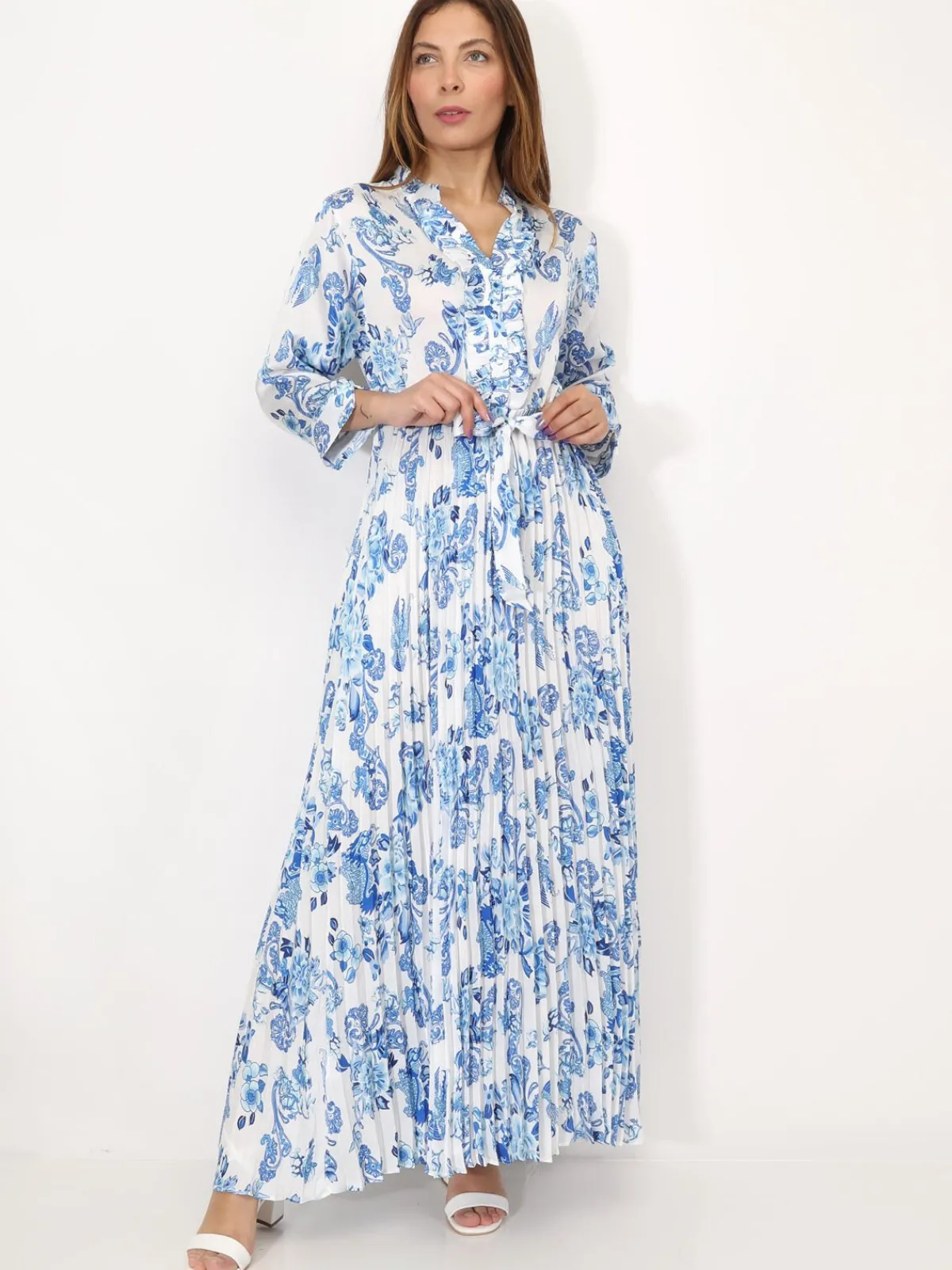 Discount La Modeuse Robe longue plissée à motifs Bleu