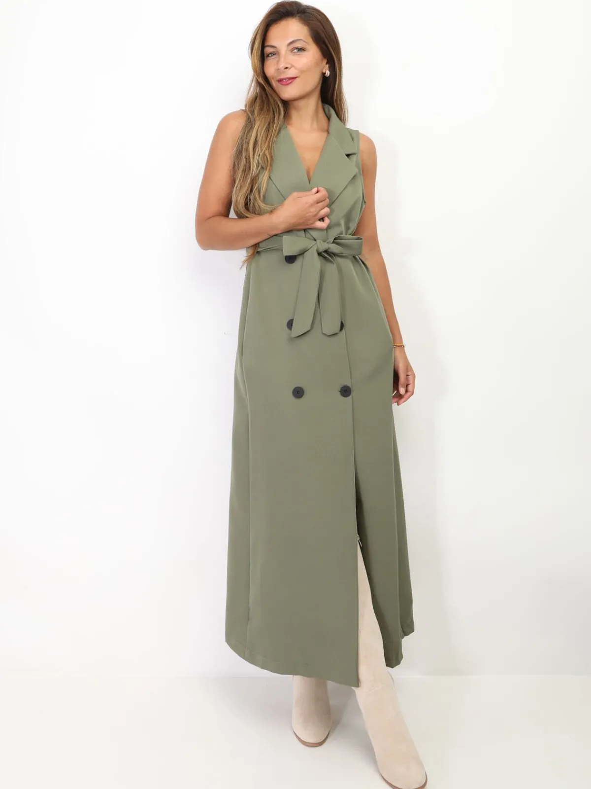 Discount La Modeuse Robe longue style blazer à nouer Kaki