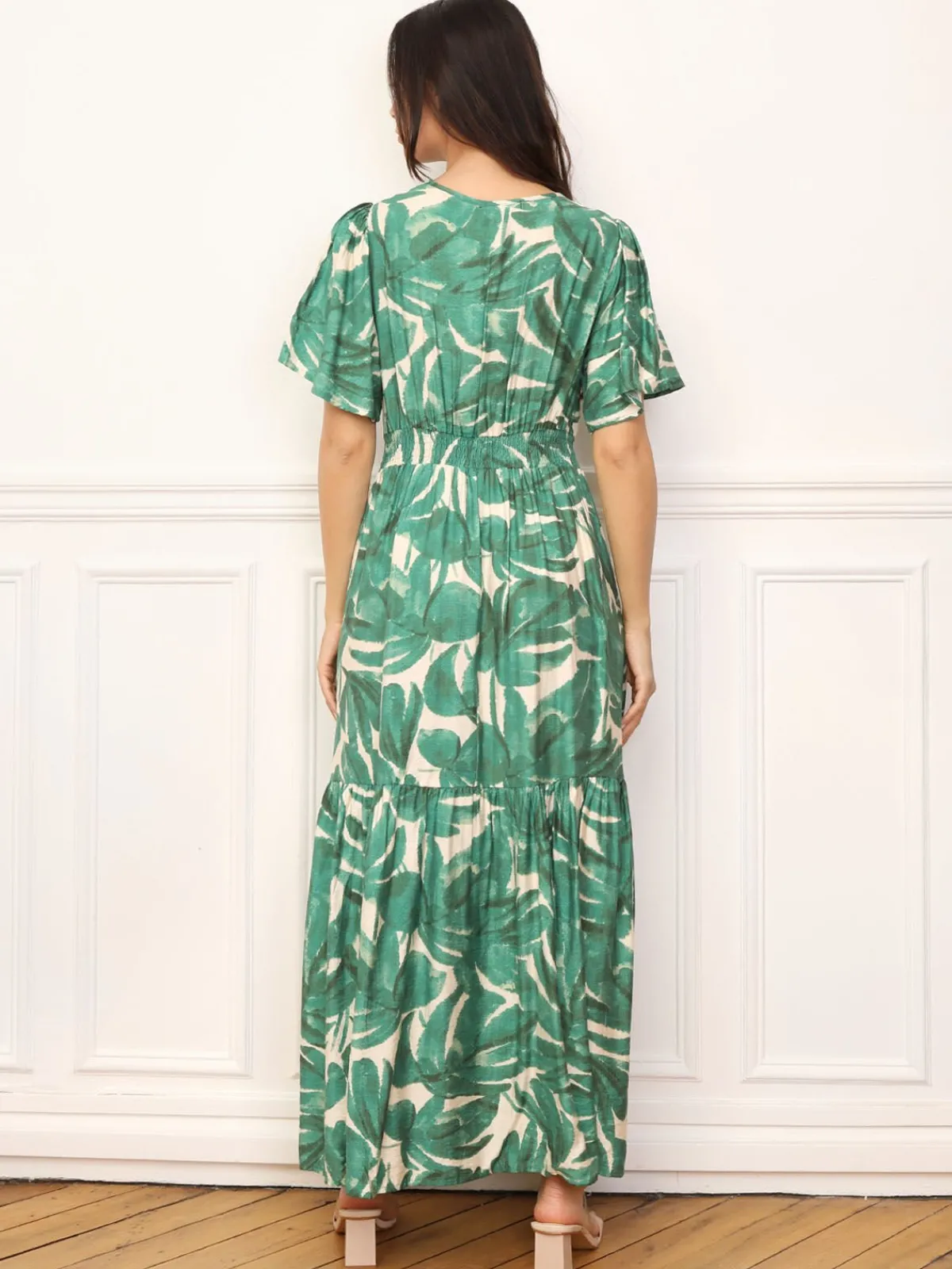 Clearance La Modeuse Robe longue évasée à grandes fleurs Vert