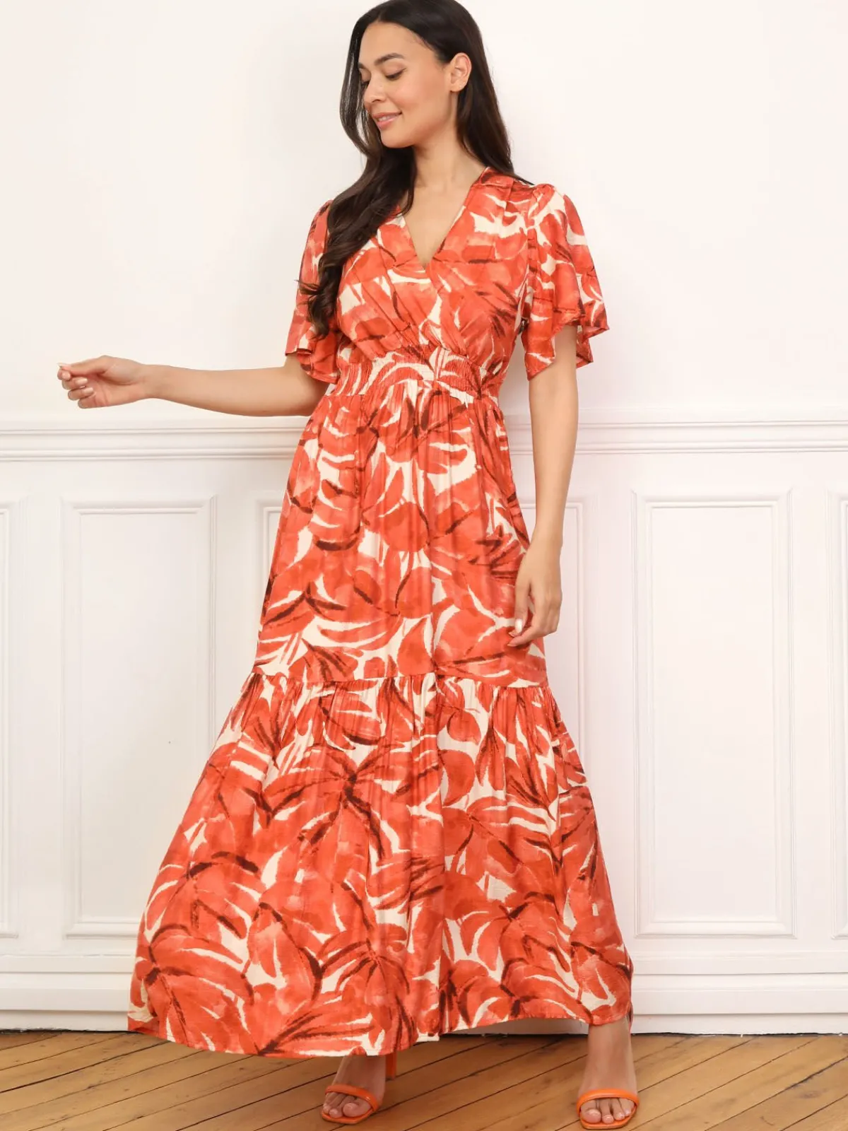 Online La Modeuse Robe longue évasée à grandes fleurs Orange