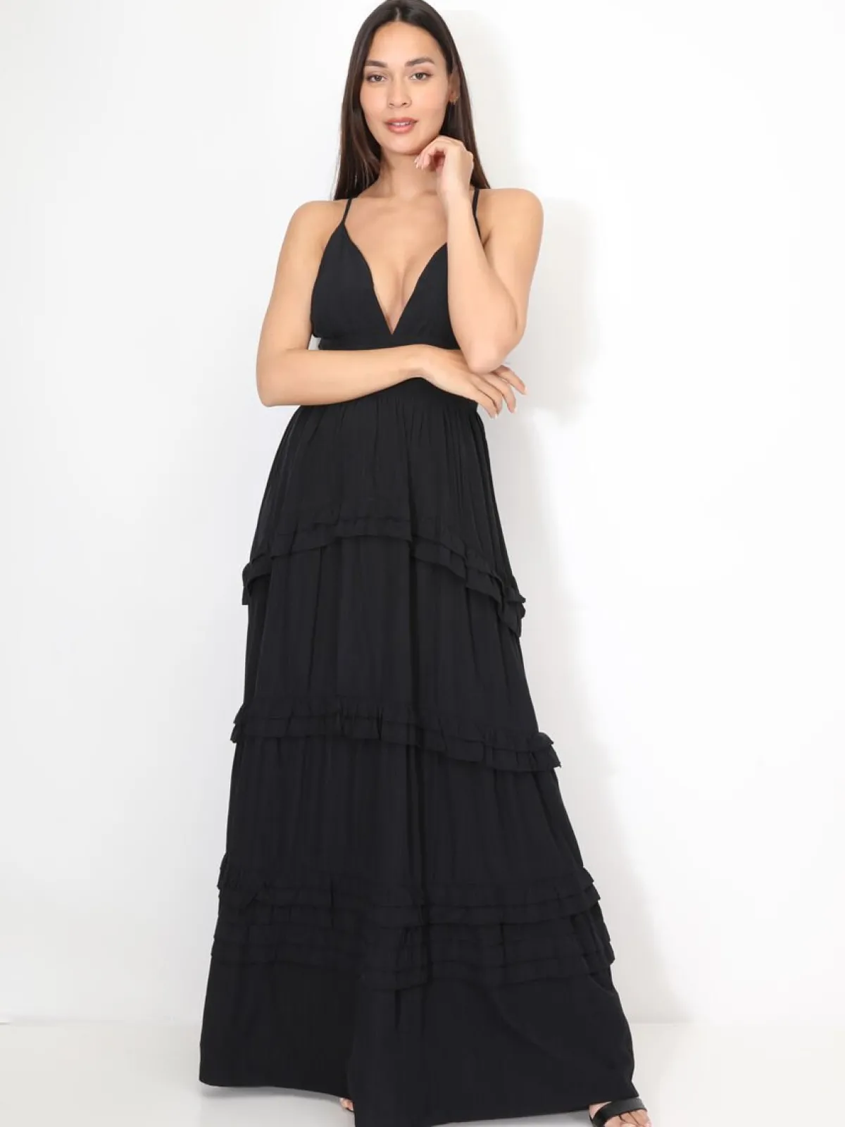 Clearance La Modeuse Robe longue évasée à volants Noir
